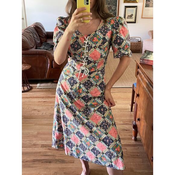 Vintage Patchwork Cotton Puff Sleeve Corset Midi Dress - Picture 2 of 6